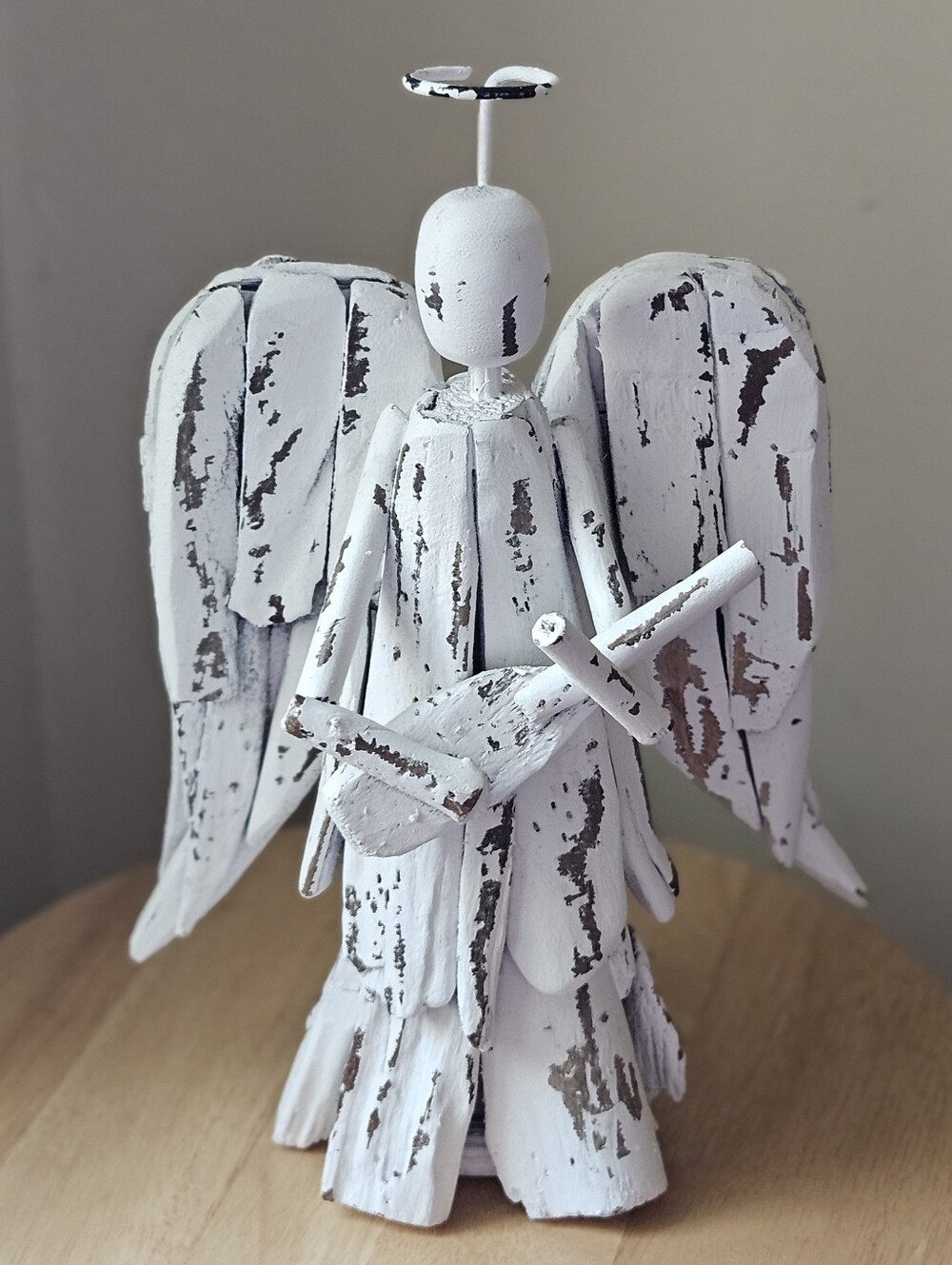 Cracker Barrel Handcrafted Rustic White Driftwood Music Angel Sculpture 11"